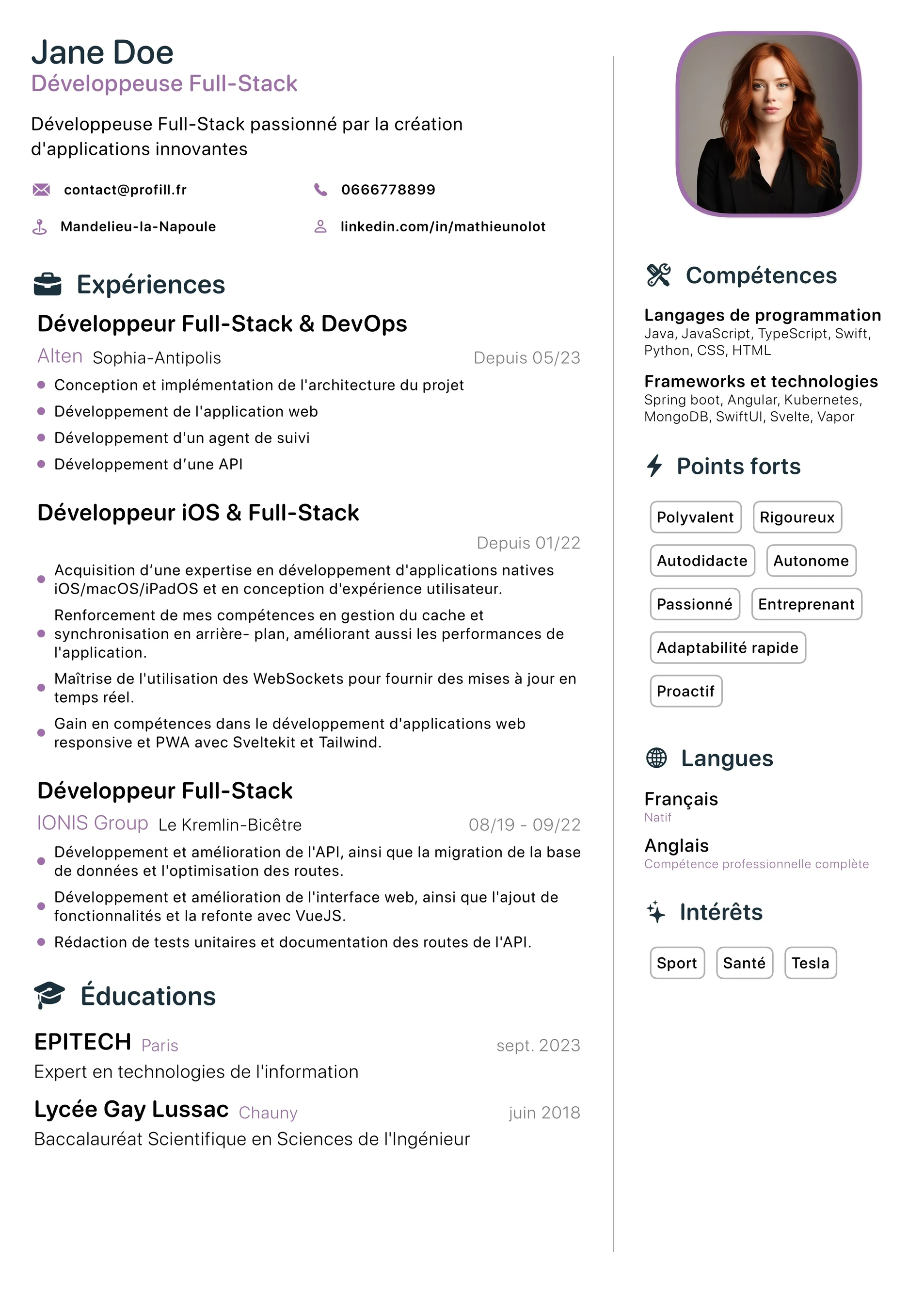 Resume page example